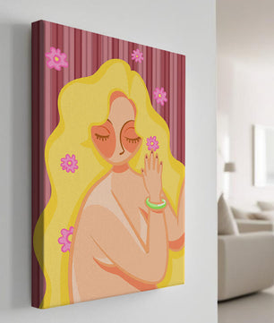Ilustración abstracta de una mujer serena con el pelo largo y rubio y flores