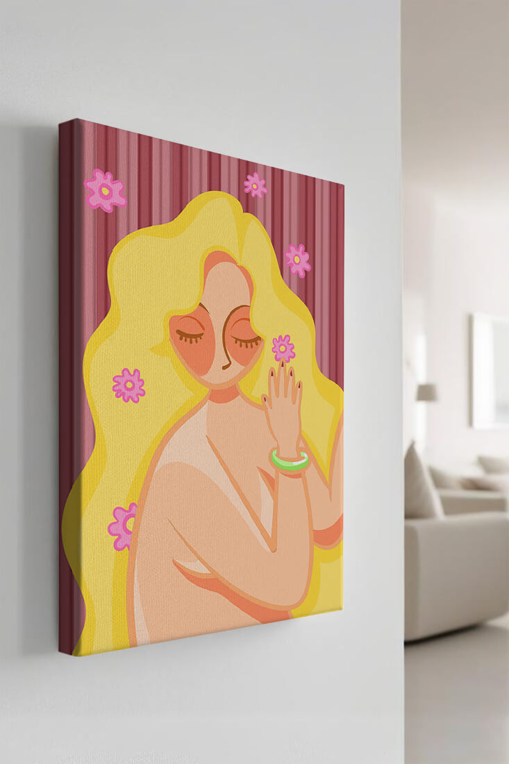 Ilustración abstracta de una mujer serena con el pelo largo y rubio y flores