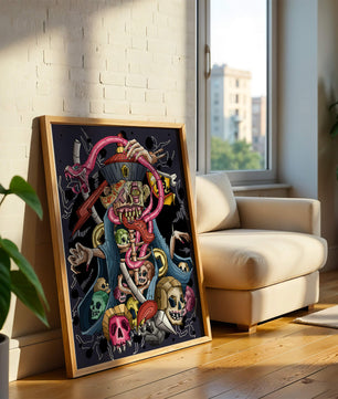 Colorful skeleton with skulls and snake illustration