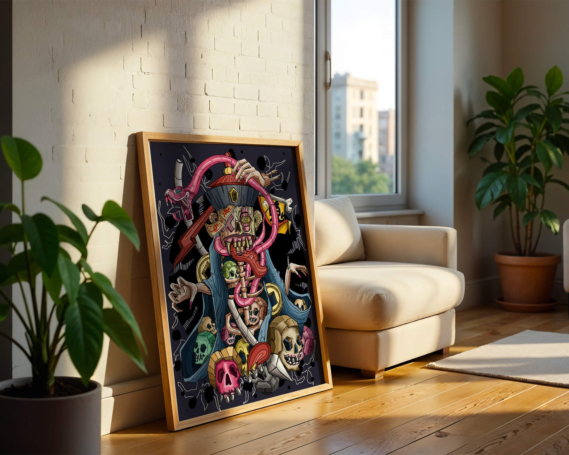 Colorful skeleton with skulls and snake illustration
