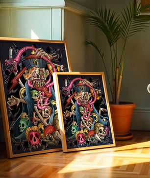 Colorful skeleton with skulls and snake illustration