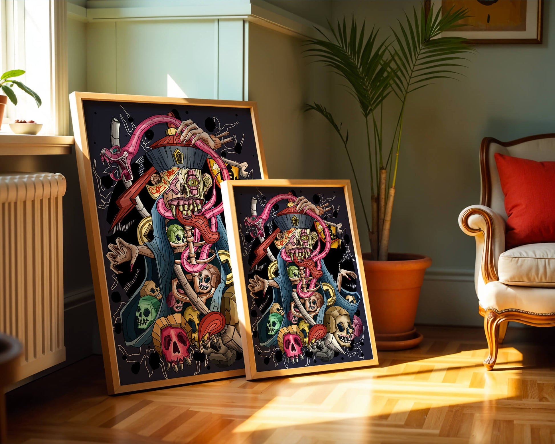 Colorful skeleton with skulls and snake illustration