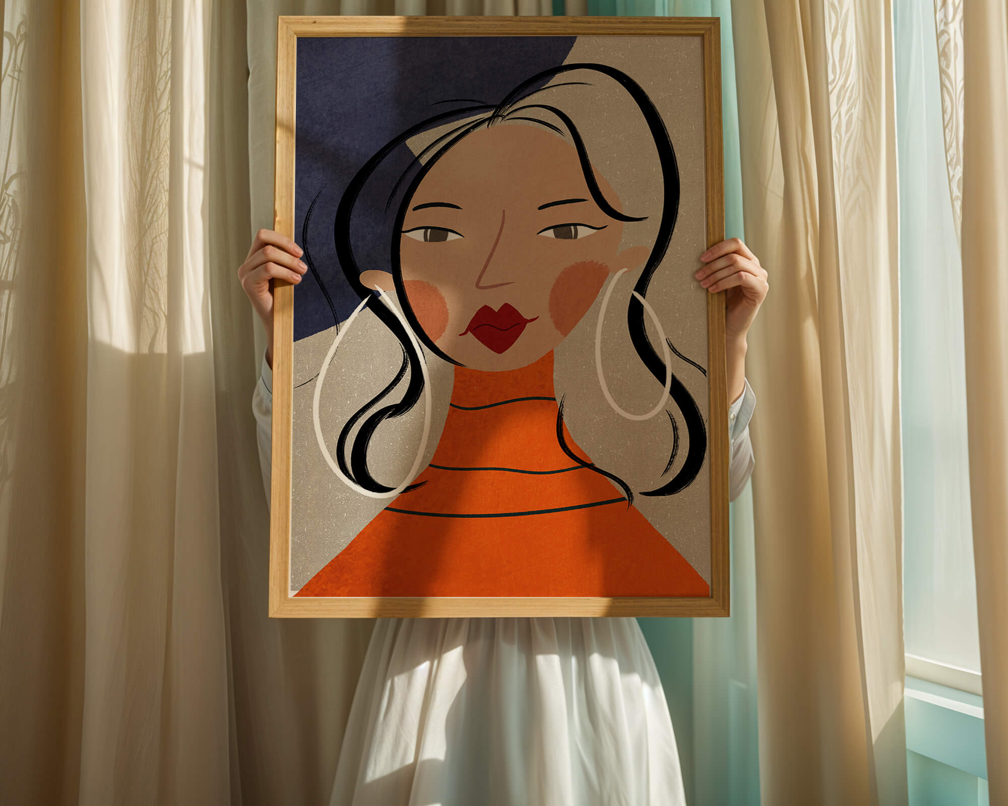 Colorful abstract portrait featuring a woman with red lips and hoop earrings on textured background - Mi tienda