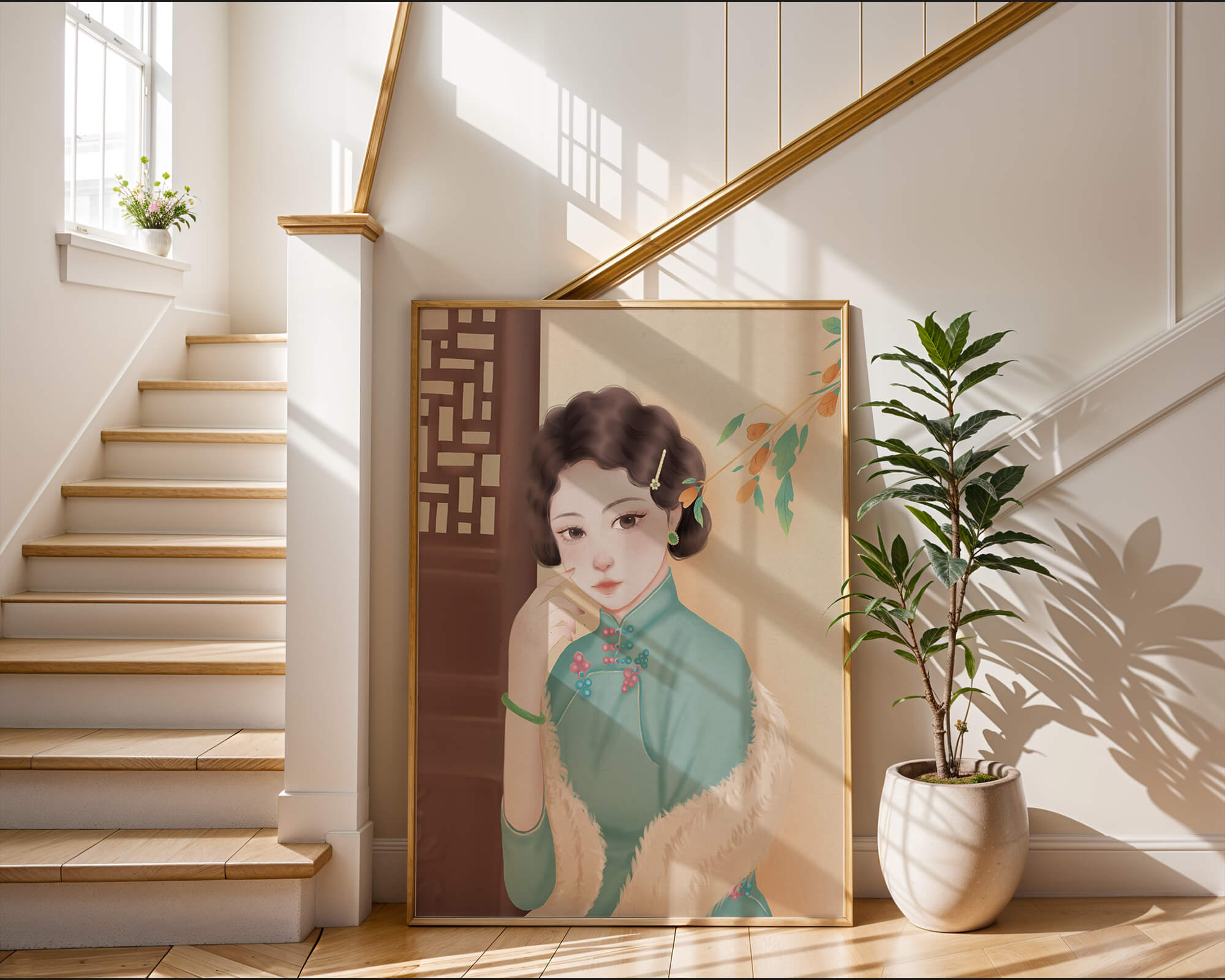 Elegant portrait of a woman in traditional attire with jade accessories