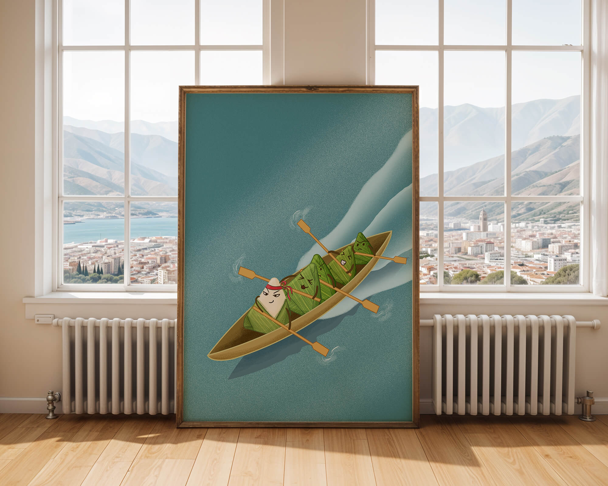 Charming illustration of rice dumplings rowing a boat with expressions