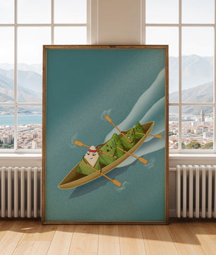 Ilustración encantadora de bolitas de arroz remando en un bote con expresiones