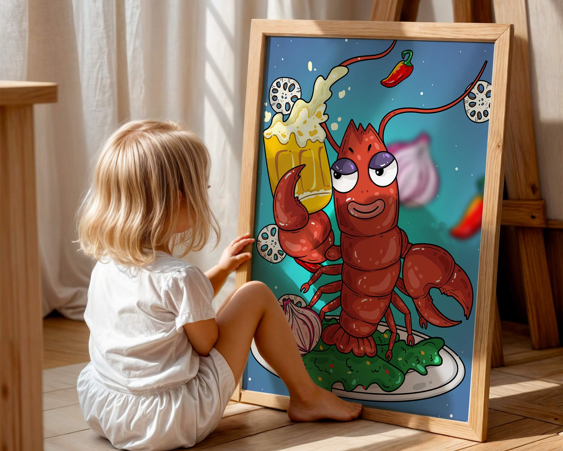 Playful cartoon lobster holding a beer in a whimsical setting