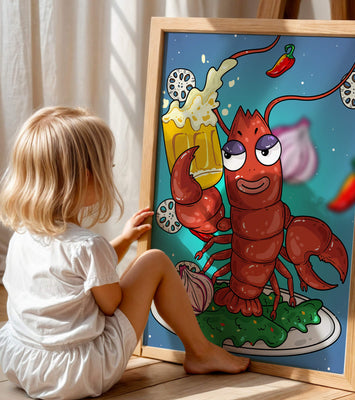 Playful cartoon lobster holding a beer in a whimsical setting