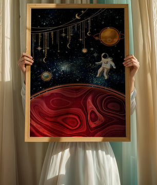 Escena espacial surrealista con astronauta y elementos celestiales