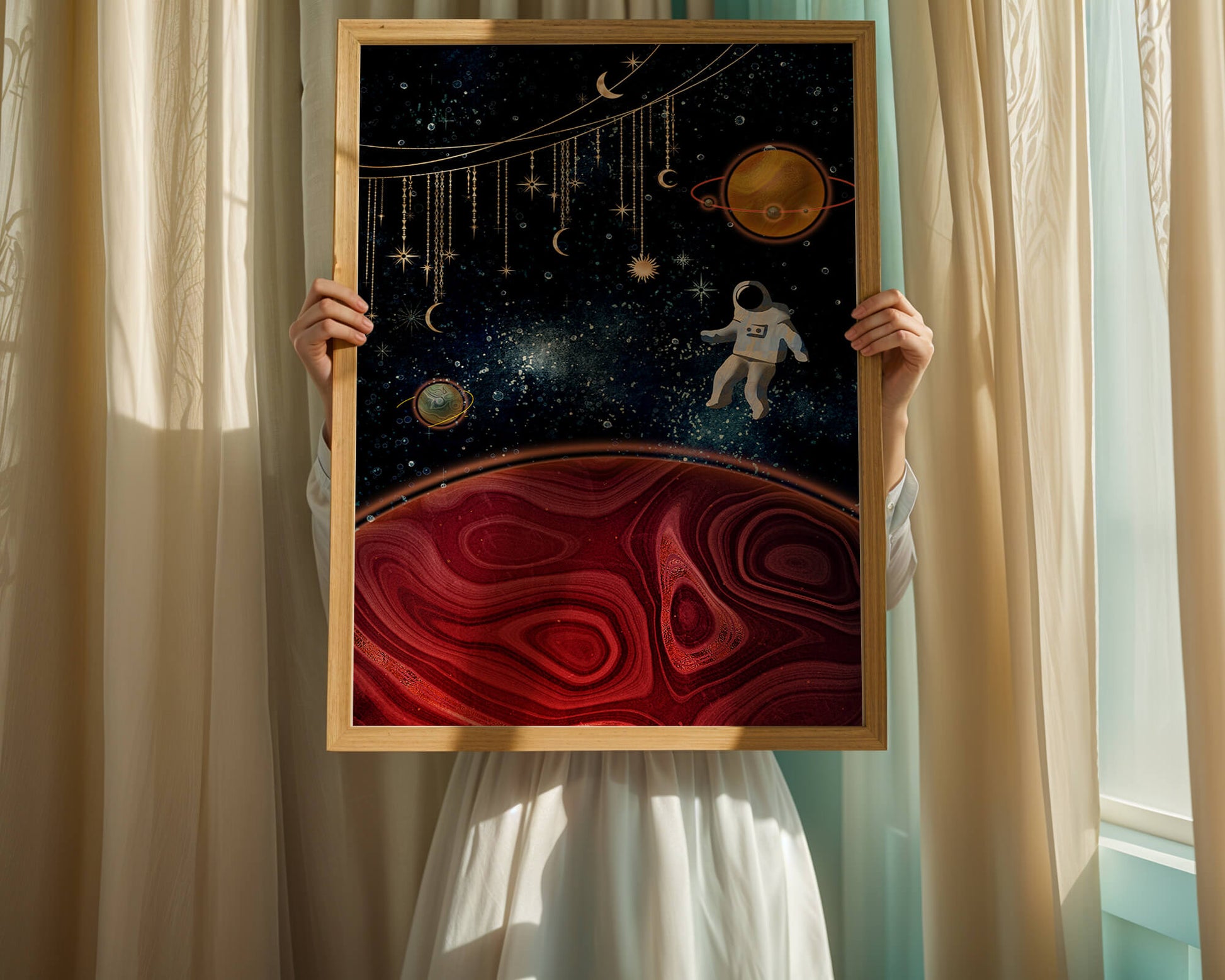 Surreal space scene with astronaut and celestial elements