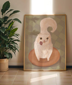 Illustration of fluffy cat with rose on a cushion