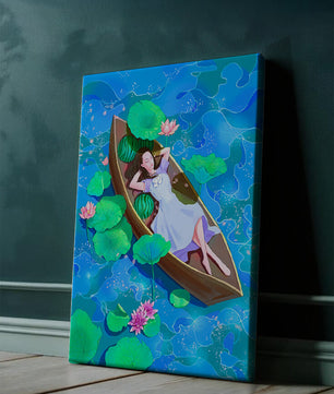 Serene illustration of a girl relaxing in a boat surrounded by lotus leaves and flowers