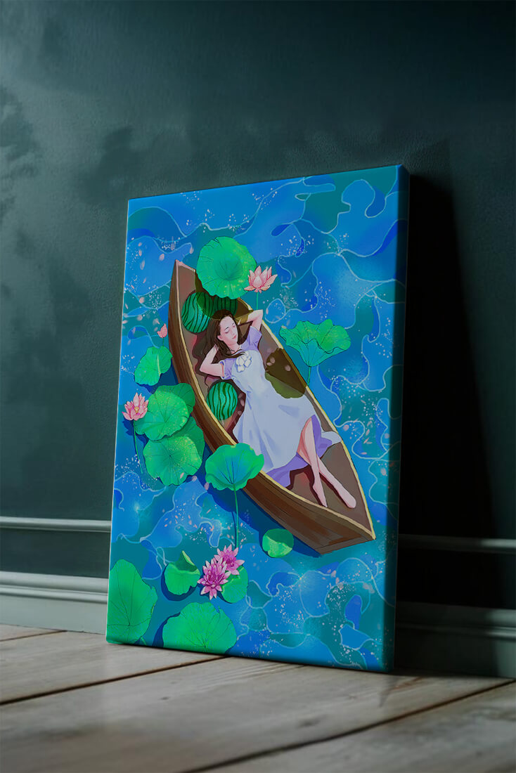 Serene illustration of a girl relaxing in a boat surrounded by lotus leaves and flowers
