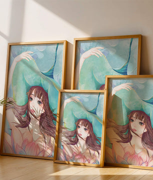 Serene water-inspired portrait of a woman with flowers