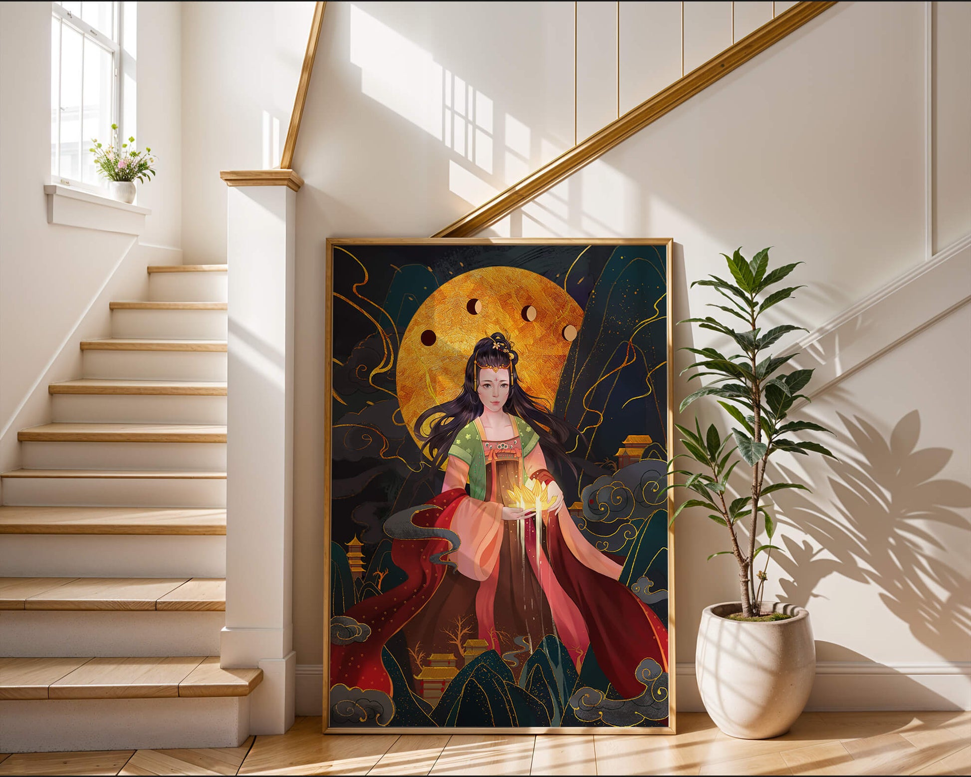 Elegante representación de una figura mítica con un fondo celestial dorado.
