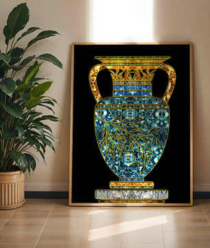 Jarrón de mosaico detallado con piedras preciosas doradas y azules sobre fondo negro