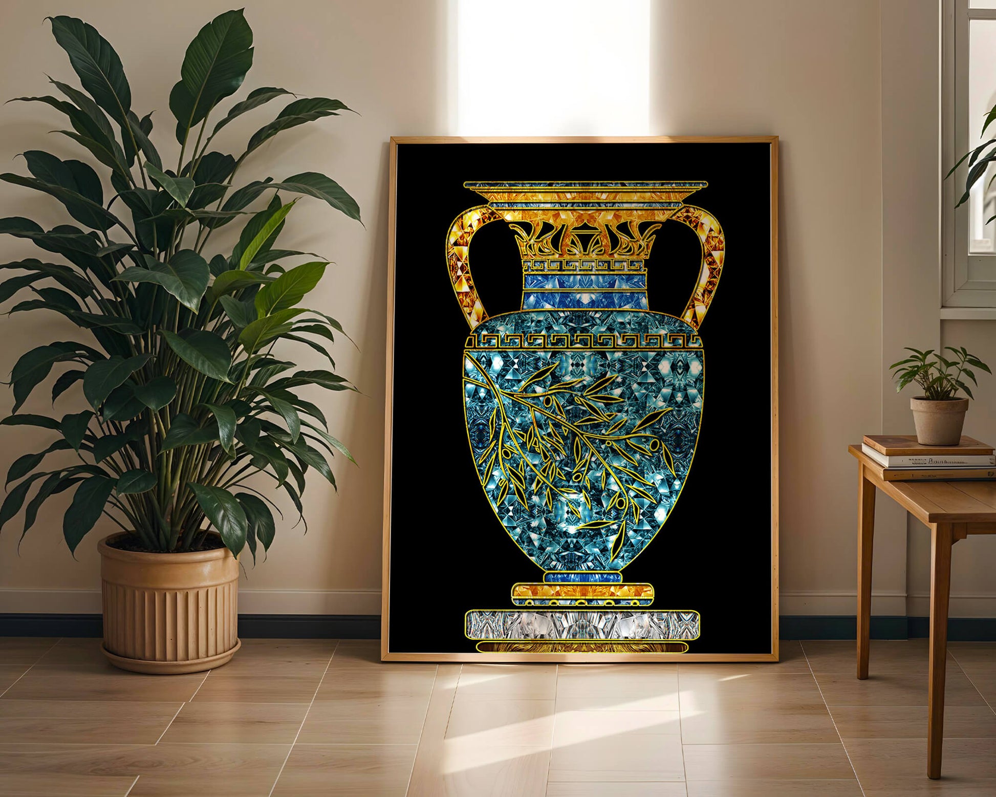 Jarrón de mosaico detallado con piedras preciosas doradas y azules sobre fondo negro