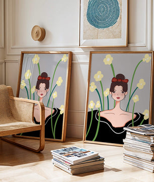 Ilustración de una mujer con fondo floral y lazo rojo