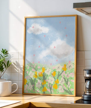 Paysage printanier avec nuages et fleurs