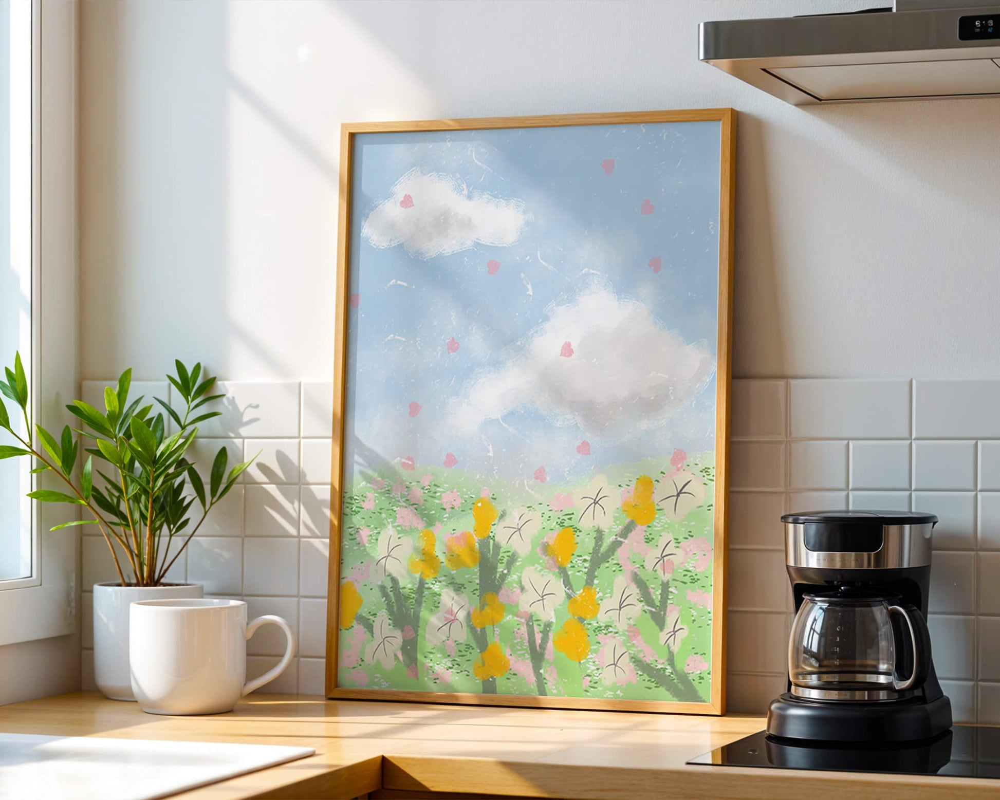 Paysage printanier avec nuages et fleurs