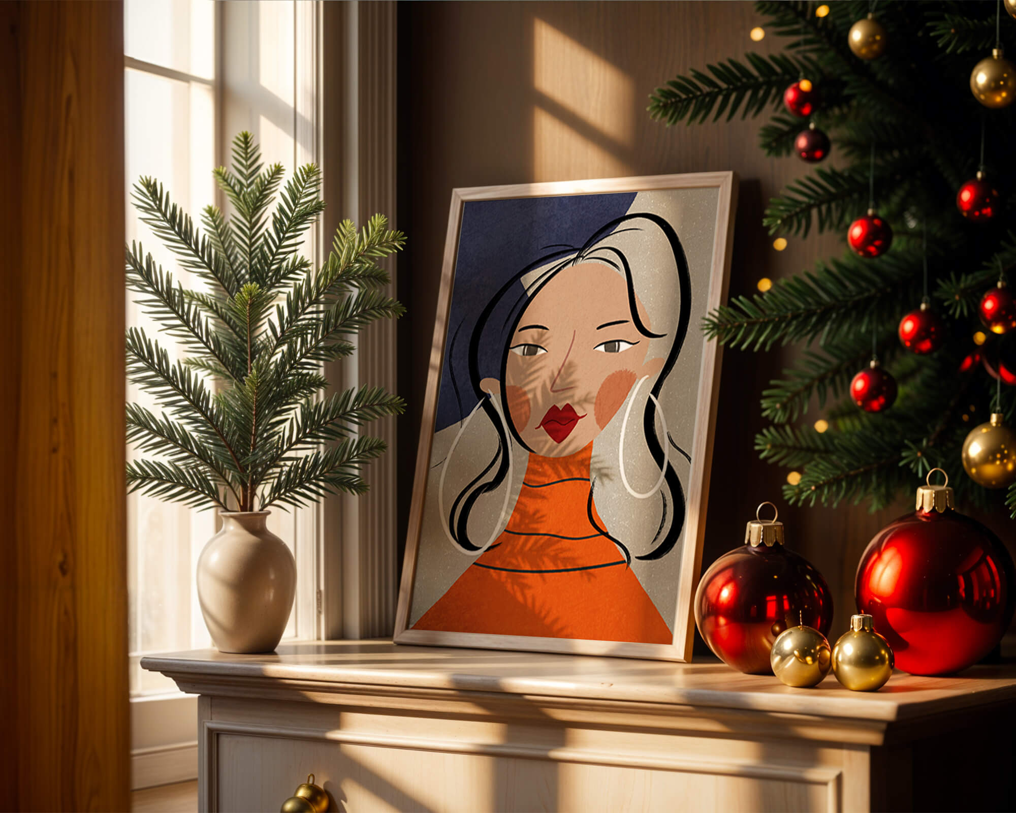 Colorful abstract portrait featuring a woman with red lips and hoop earrings on textured background - Mi tienda