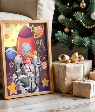 Ilustración de una chica astronauta con temática espacial