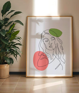 Line Art Portrait auf grauem Hintergrund mit Farbakzenten 