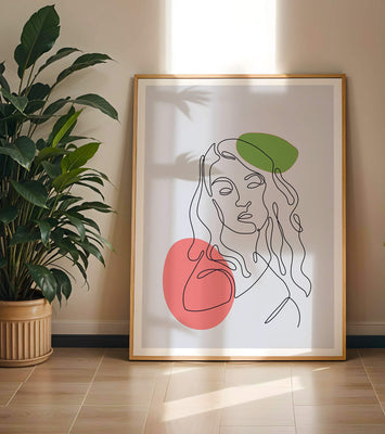 Line Art Portrait on Gray Background with Color Accents
