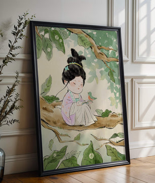 Serene illustration of a girl with a bird in a tree