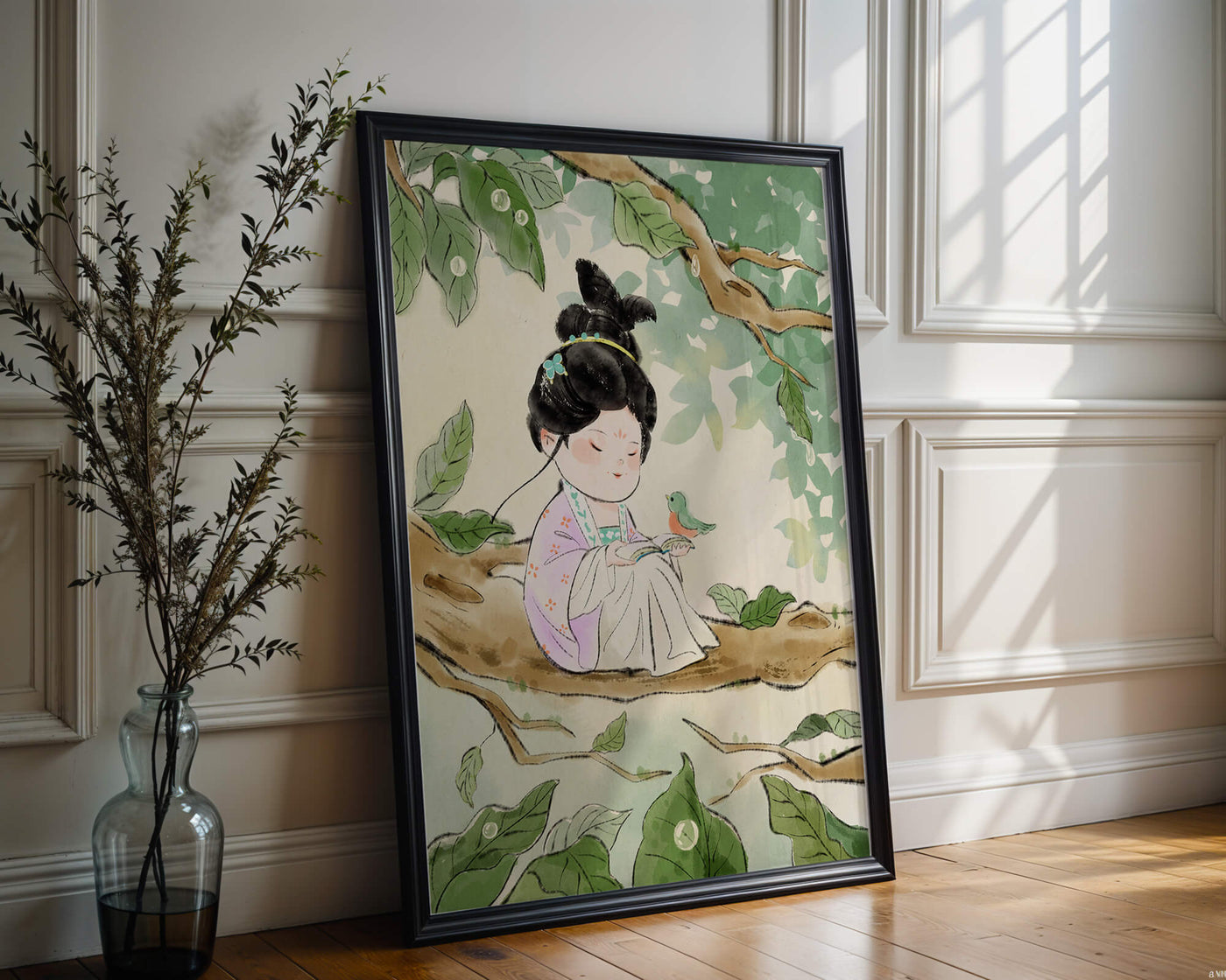 Serene illustration of a girl with a bird in a tree