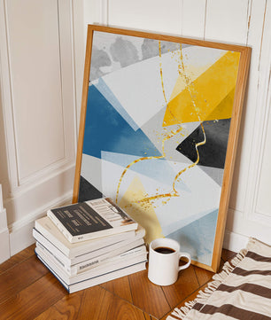 Abstract Geometric Art with Gold Accents in Blue, Yellow, and Gray - Mi tienda