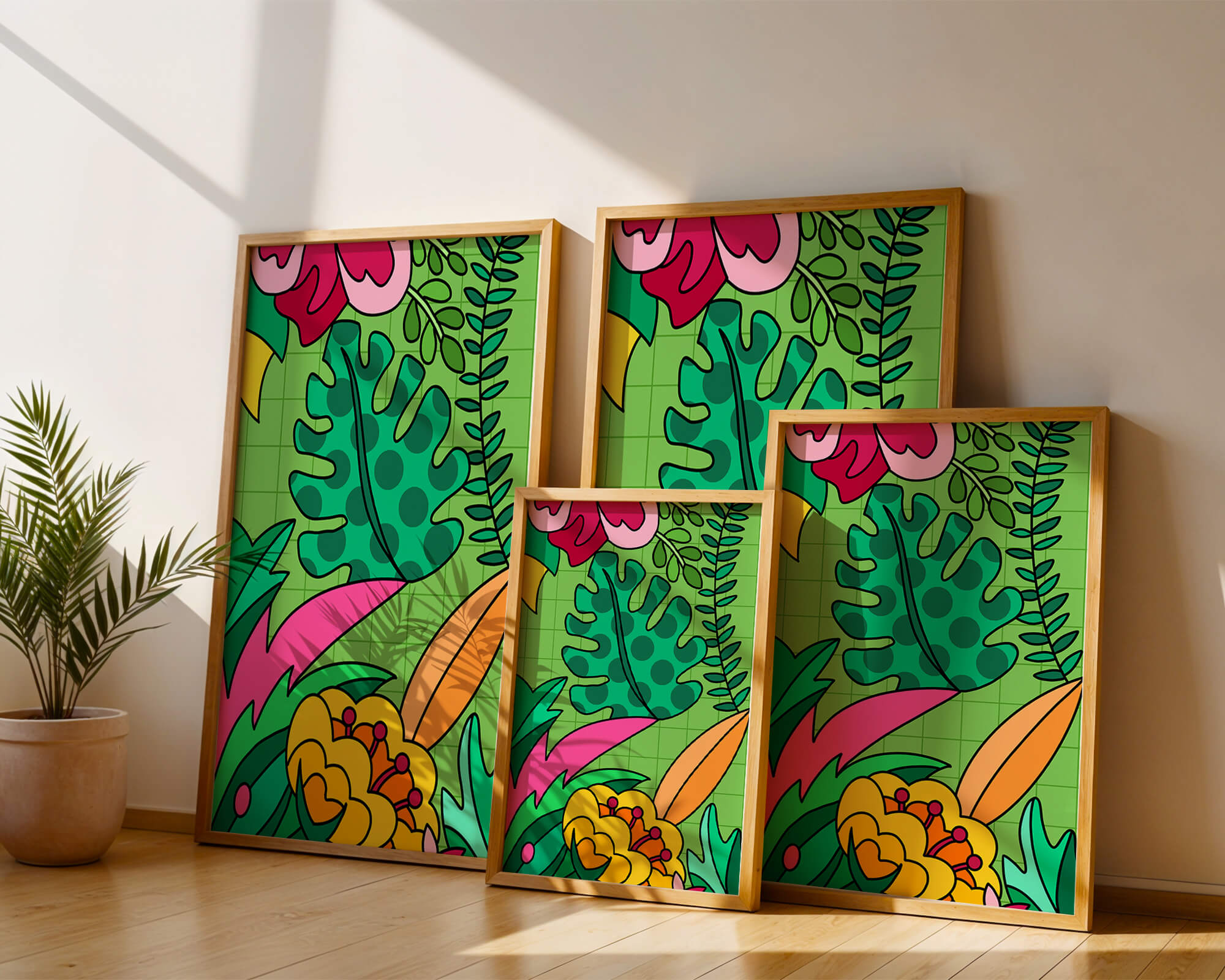 Colorful botanical illustration with vibrant tropical elements