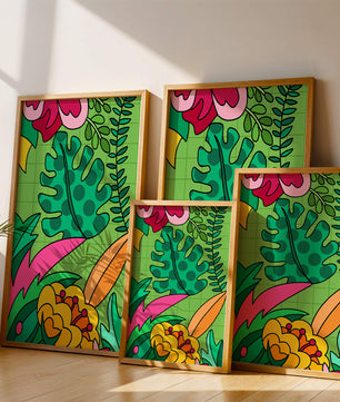 Colorful botanical illustration with vibrant tropical elements