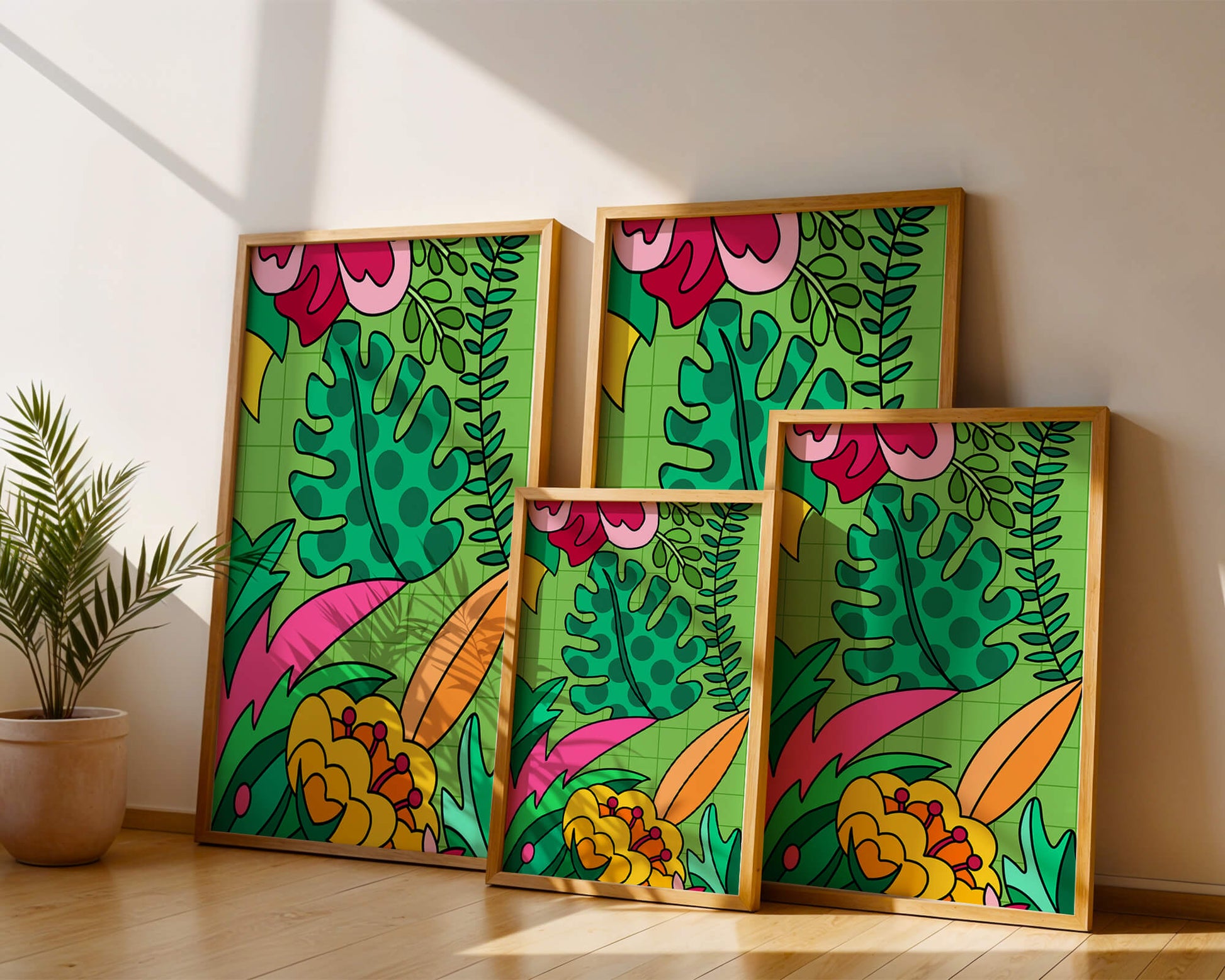 Colorful botanical illustration with vibrant tropical elements