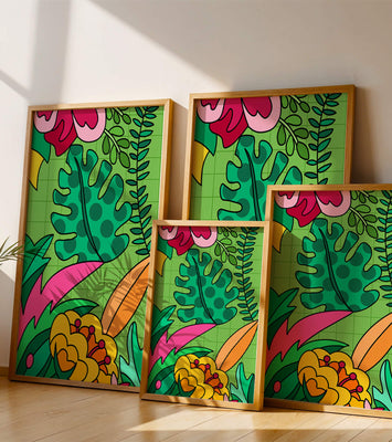 Colorful botanical illustration with vibrant tropical elements