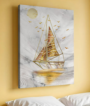 Elegant sailboat with gold elements against a textured sky