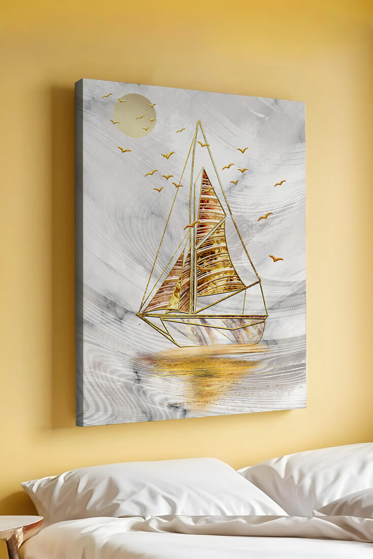 Elegant sailboat with gold elements against a textured sky