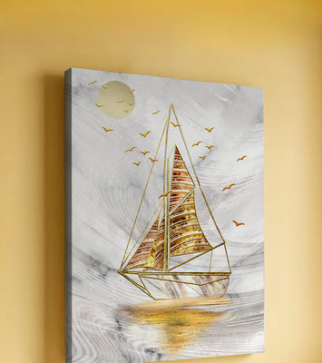 Elegant sailboat with gold elements against a textured sky