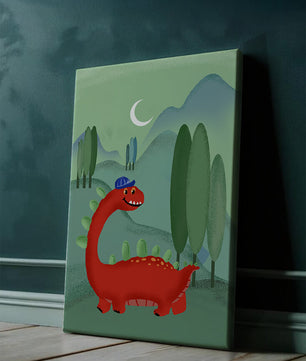Whimsical red dinosaur in a serene nighttime forest