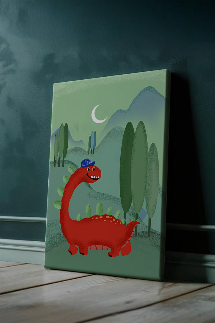 Whimsical red dinosaur in a serene nighttime forest