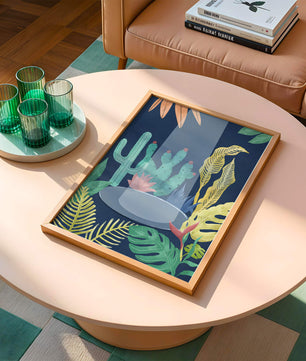 Ilustración botánica colorida con cactus y hojas tropicales