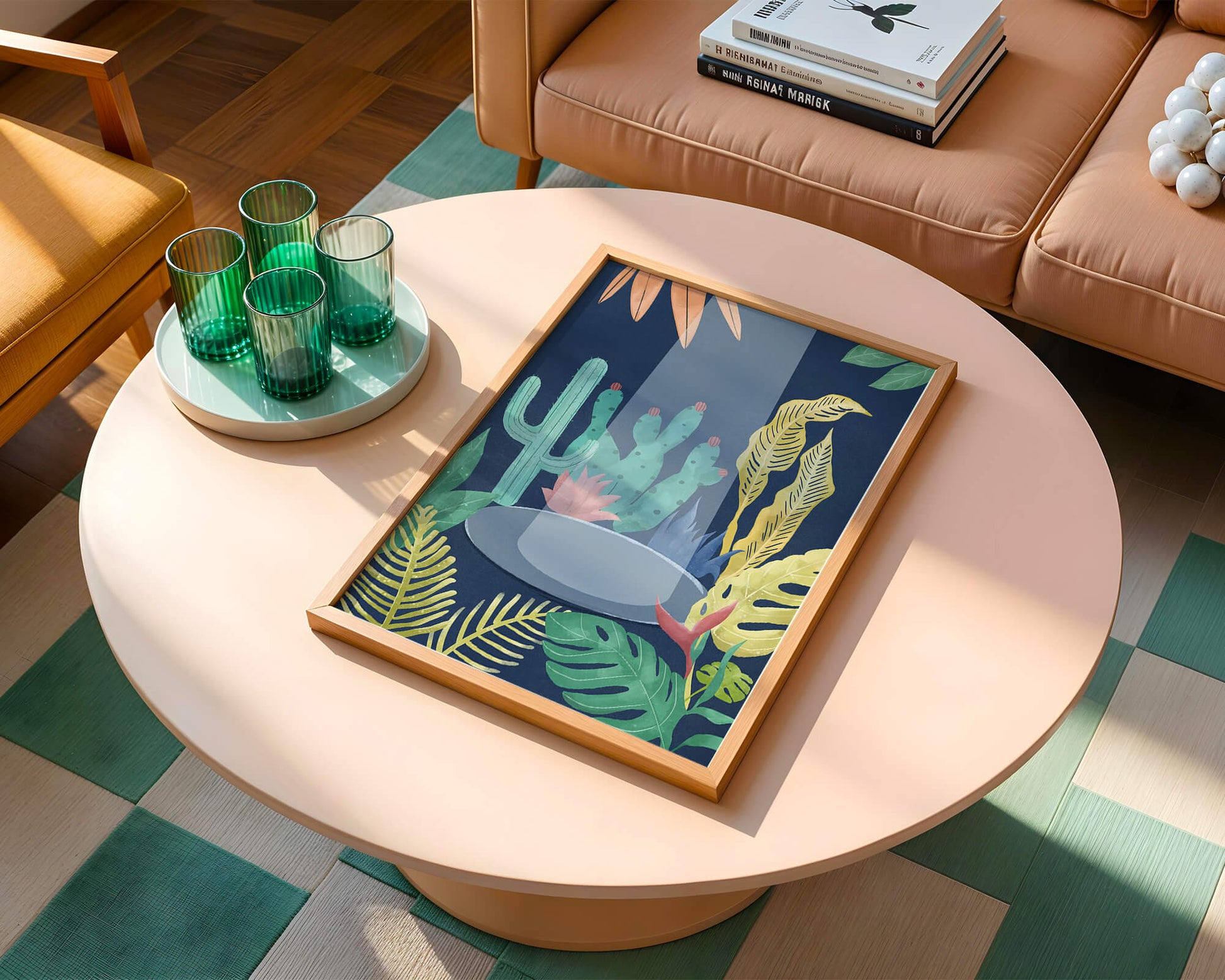Colorful botanical illustration featuring cacti and tropical leaves