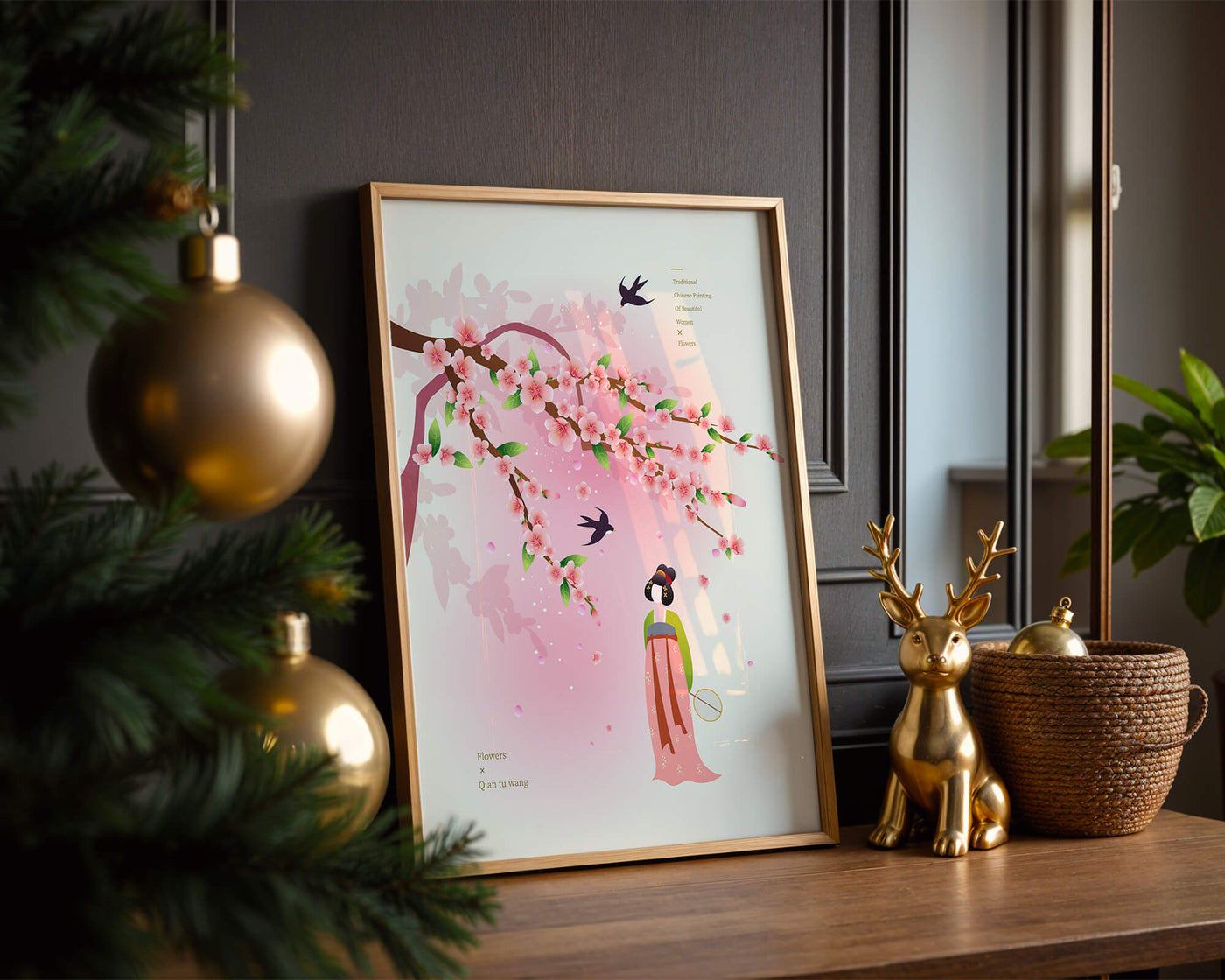 Traditional Chinese art with cherry blossoms and elegant figure