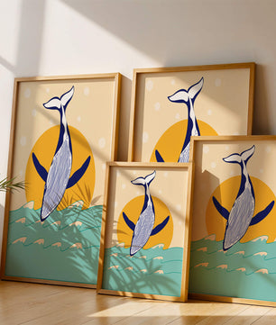 Ilustración de una ballena saltando sobre las olas con un fondo de sol