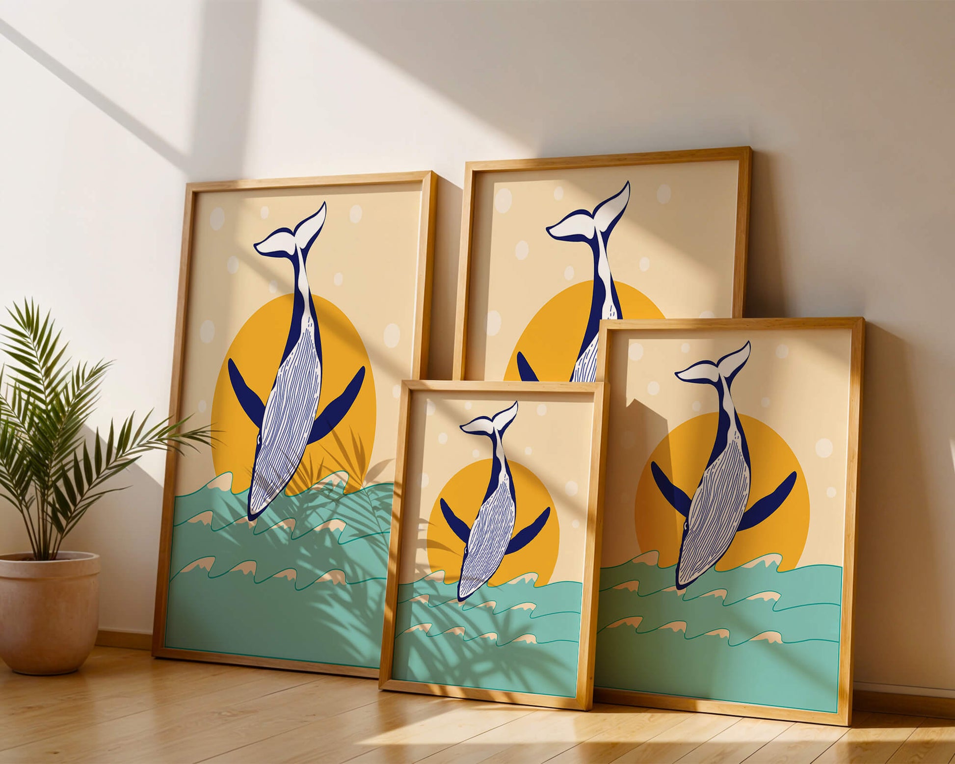 Illustration of a whale jumping over waves with sun backdrop