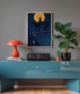 Stadtdach bei Nacht mit beleuchteten Fenstern und Vollmond