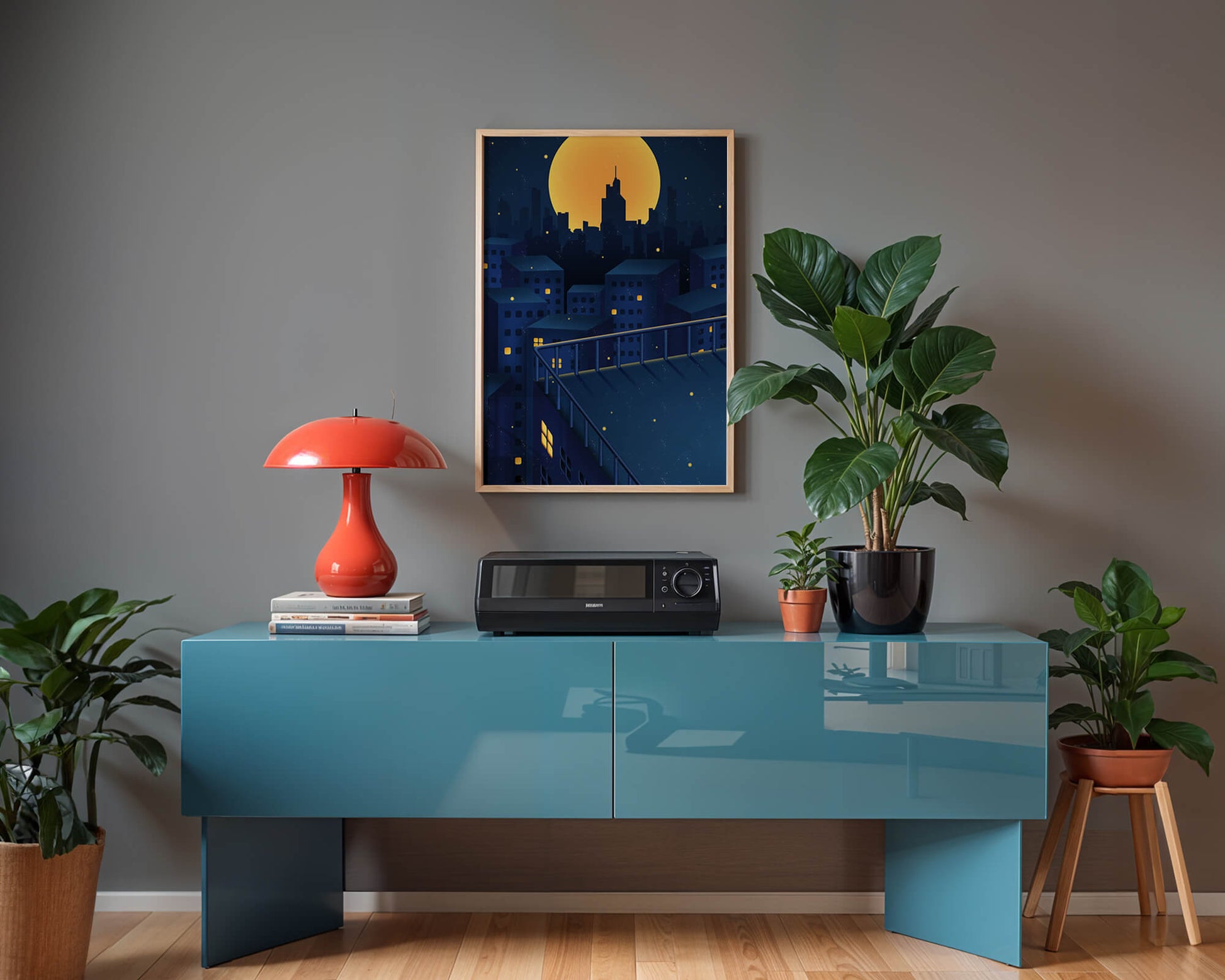 City Rooftop at Night with Illuminated Windows and Full Moon