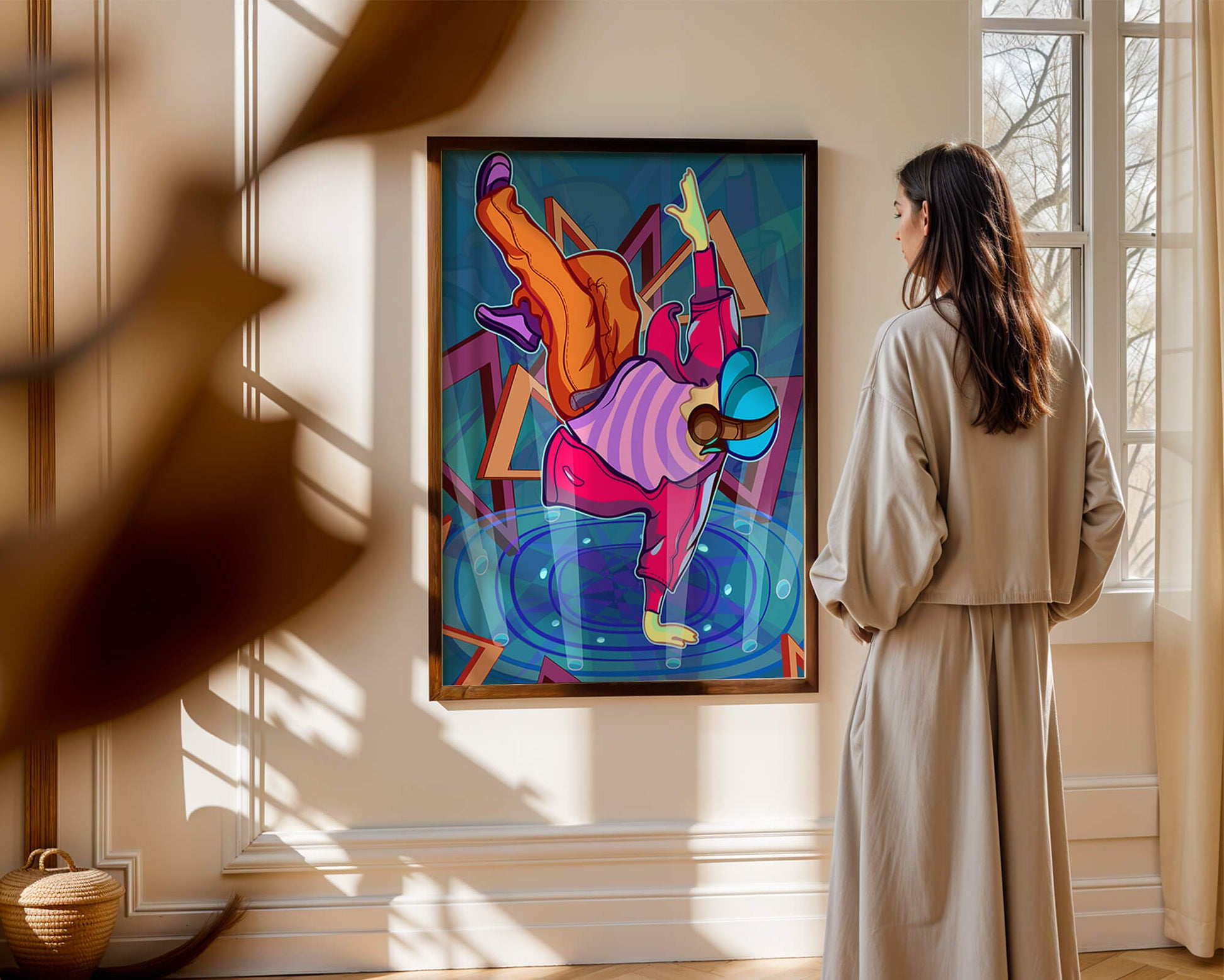 Colorful breakdancer in dynamic urban artwork