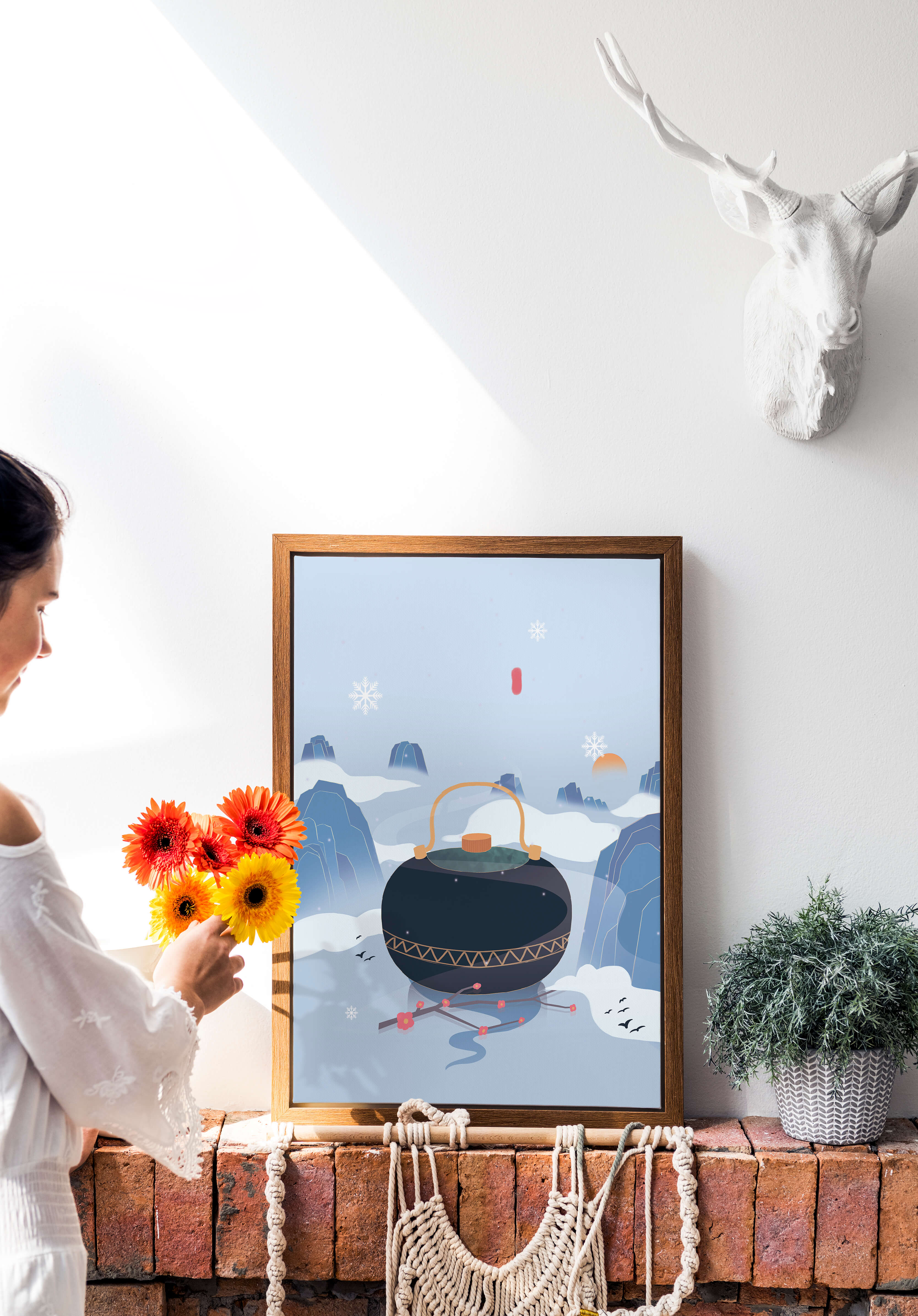 Peaceful winter landscape with kettle and cherry blossoms
