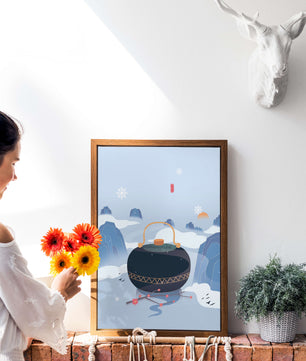 Peaceful winter landscape with kettle and cherry blossoms